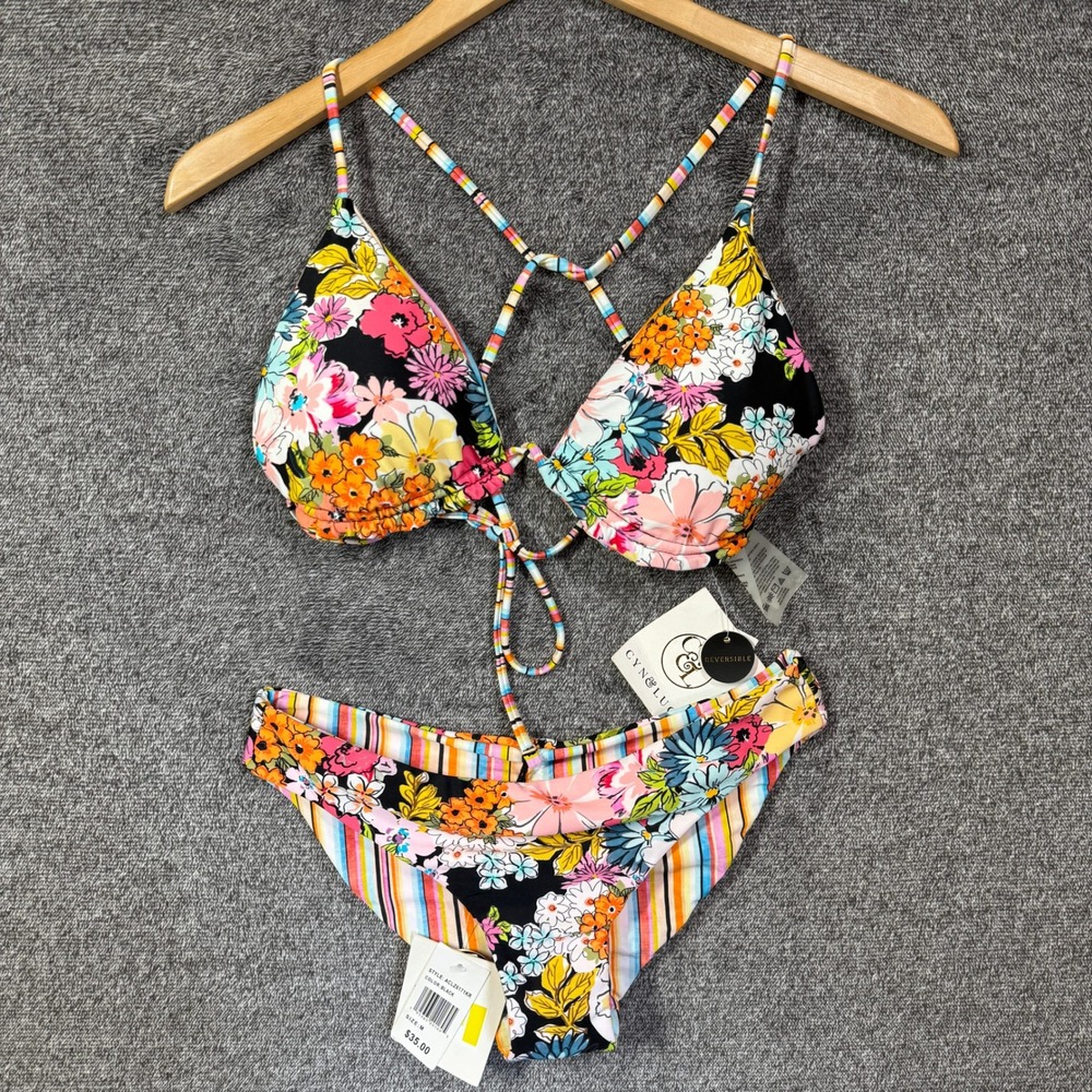 Cyn & Luca Reversible Floral Stripe Bikini Set Black Multi ACLZ4881KR ACLZ6171KR